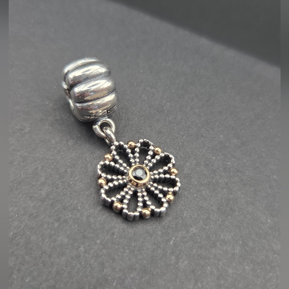 Pandora Charm/Pendant Retired "Lace Flower" 14KT & Sterling Silver With Black CZ